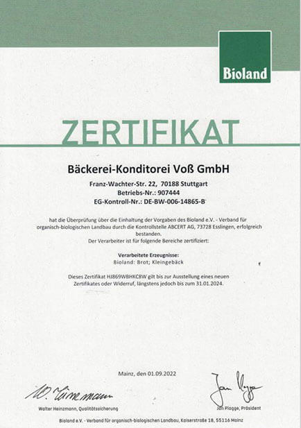 Bioland Zertifikat für Bäckerei-Konditorei Voß