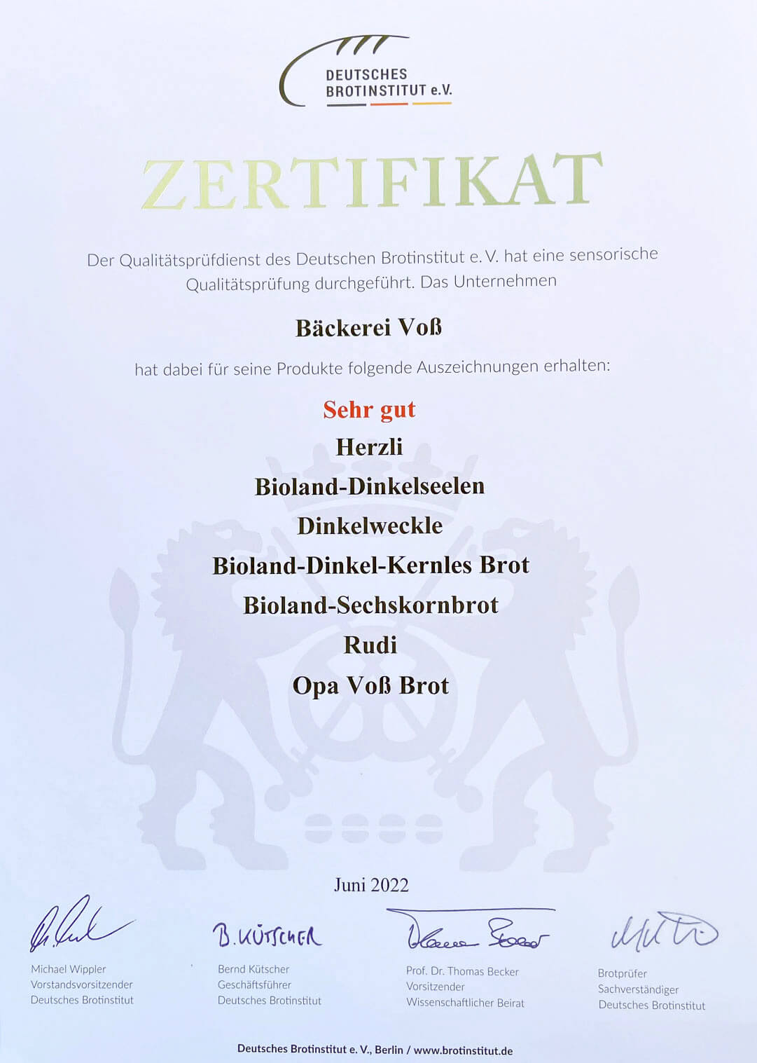 Zertifikat durch das Deutsche Brotinstitut